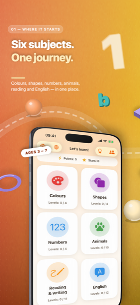 The ZuzuKids home screen showing six subjects: colours, shapes, numbers, animals, reading and writing, and English.