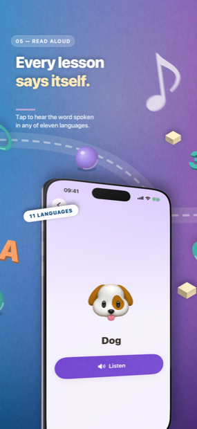 A lesson card for the word Dog with a Listen button.